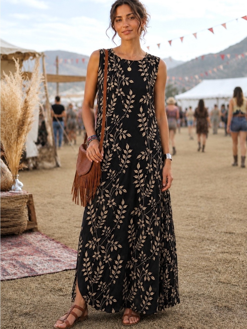 Vintage La Cera Boho Floral Maxi Black Dress